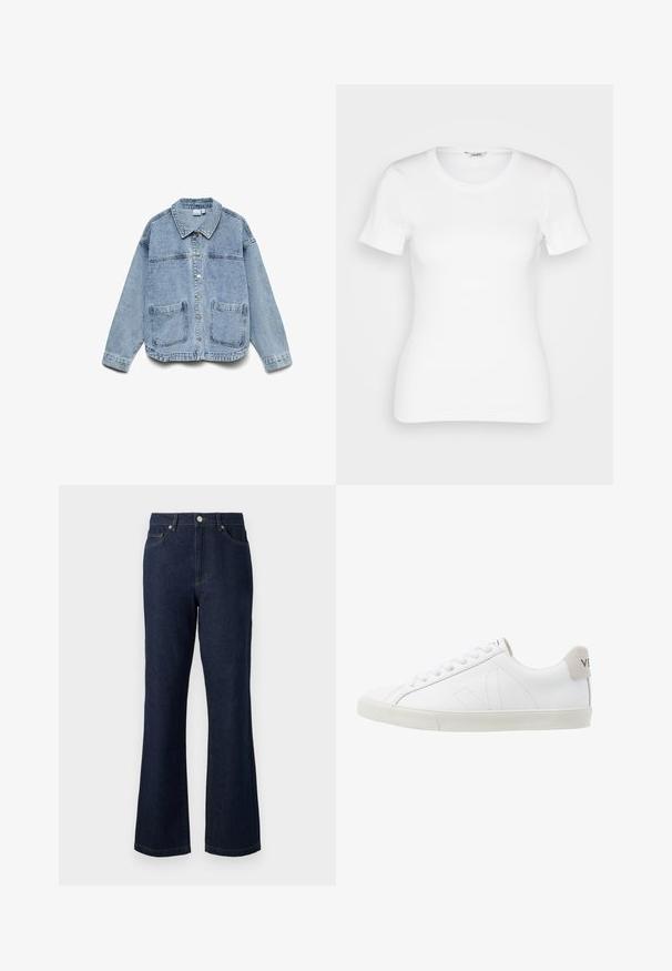 Hellblaue Jeansjacke mit langen Ärmeln, Knopfleiste, Kragen und zwei aufgesetzten Fronttaschen.; Weißes Baumwoll-T-Shirt mit kurzen Ärmeln, rundem Ausschnitt und gerippter Textur. Schmal geschnittenes Design mit einer glatten, sauberen Verarbeitung.; Dunkelblaue Jeans mit weitem Bein, hoher Taille, fünf Taschen und kontrastierenden Nähten. Glatte Textur und gesäumte Kanten.; Weiße Ledersneaker mit einer strukturierten, cremefarbenen Gummisohle. Zu den Merkmalen gehören Schnürsenkel, dezente Nähte und ein grauer Wildleder-Hackeneinsatz.