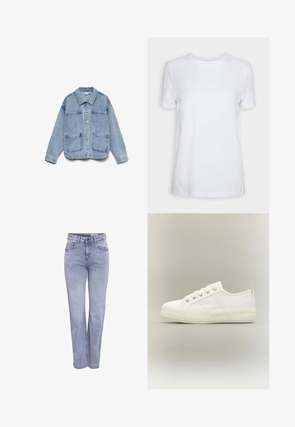 Lyseblå denimjakke med lange ærmer, knaplukning foran, krave og to forlommer.; Simpel hvid T-shirt med korte ærmer og rund hals, normal pasform og et lille indvendigt mærke på nakken med teksten "SELECTED FEMME."; Lyseblå lige ben jeans lavet af denim, med knaplukning, fem lommer og subtil falming foran og bagpå.; Even&Odd Wide Fit Sneakers - white