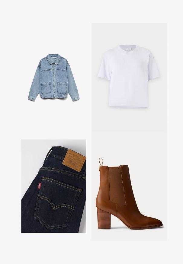 Hellblaue Jeansjacke mit langen Ärmeln, Knopfleiste, Kragen und zwei aufgesetzten Fronttaschen.; Weißes Baumwoll-T-Shirt mit lockerem Schnitt, kurzen Ärmeln, Rundhalsausschnitt und ohne sichtbare Muster oder Verzierungen. Glatte Textur.; Dunkelblaue Levi's Jeans mit gelber Naht, Gesäßtasche zeigt rotes Levi's Etikett und braunes Lederetikett am Bund.; Brauner Leder-Stiefelette mit Blockabsatz, elastischen Seiteneinsätzen und Zuglasche hinten, im Profil vor einfarbigem Hintergrund gezeigt.