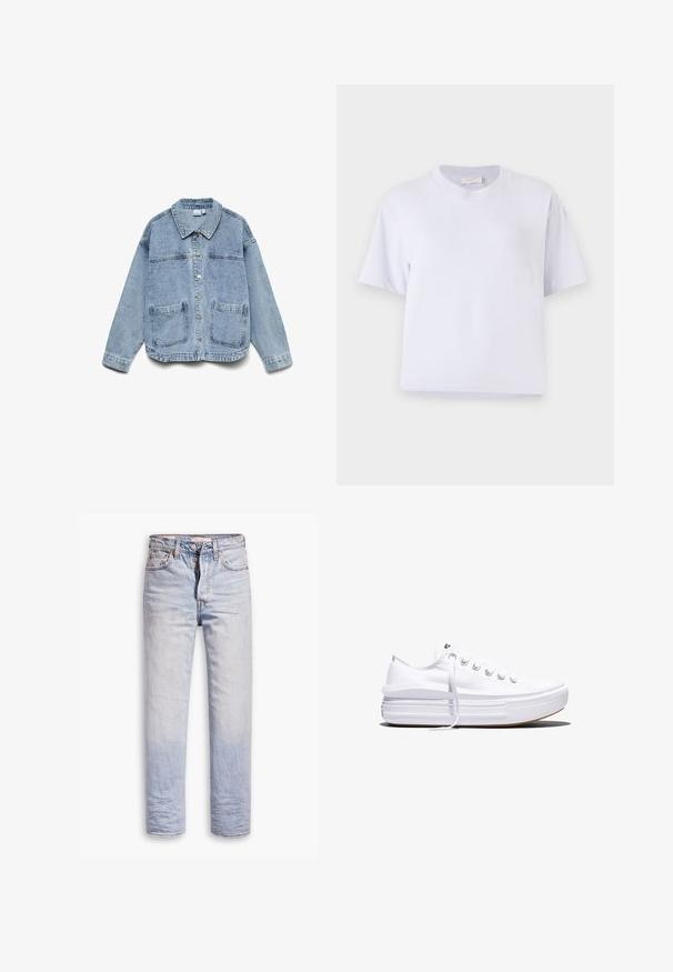 Lyseblå denimjakke med lange ærmer, knaplukning foran, krave og to forlommer.; Hvid bomulds t-shirt med en afslappet pasform, korte ærmer, rund hals og ingen synlige mønstre eller udsmykninger. Glat struktur.; Lyseblå denimjeans med lige ben, der har en knaplukning, fem lommer og en diskret falmning langs benene.; Hvid lavt snørestøvle med tyk plateau-sål, snørelukning foran og gummiforstærket tåkap, set i sideprofil.