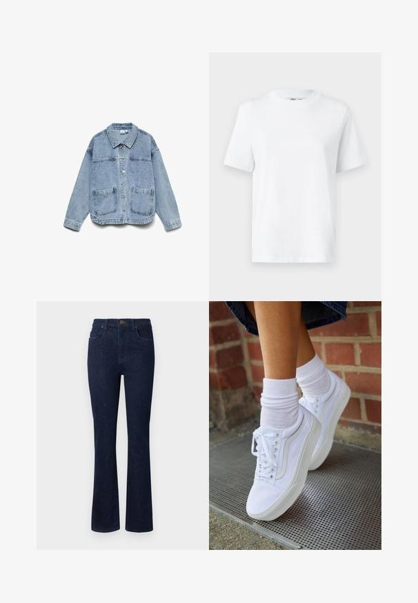 Hellblaue Jeansjacke mit langen Ärmeln, Knopfleiste, Kragen und zwei aufgesetzten Fronttaschen.; Weißes Baumwoll-T-Shirt mit Rundhalsausschnitt, kurzärmlig und mit glatter Textur. Entworfen mit einer lockeren Passform für Komfort und Vielseitigkeit.; Dunkelblaue Jeans aus Denim mit einem ausgestellten Bein-Design, fünf Taschen und einem Knopfverschluss an der Taille. Glatte Textur mit minimaler Näharbeit.; Weiße Leinensneaker mit Gummisohlen, ausgestattet mit sechs Ösen, runder Zehenpartie und dezenten Nähten, kombiniert mit weißen Knöchelsocken.