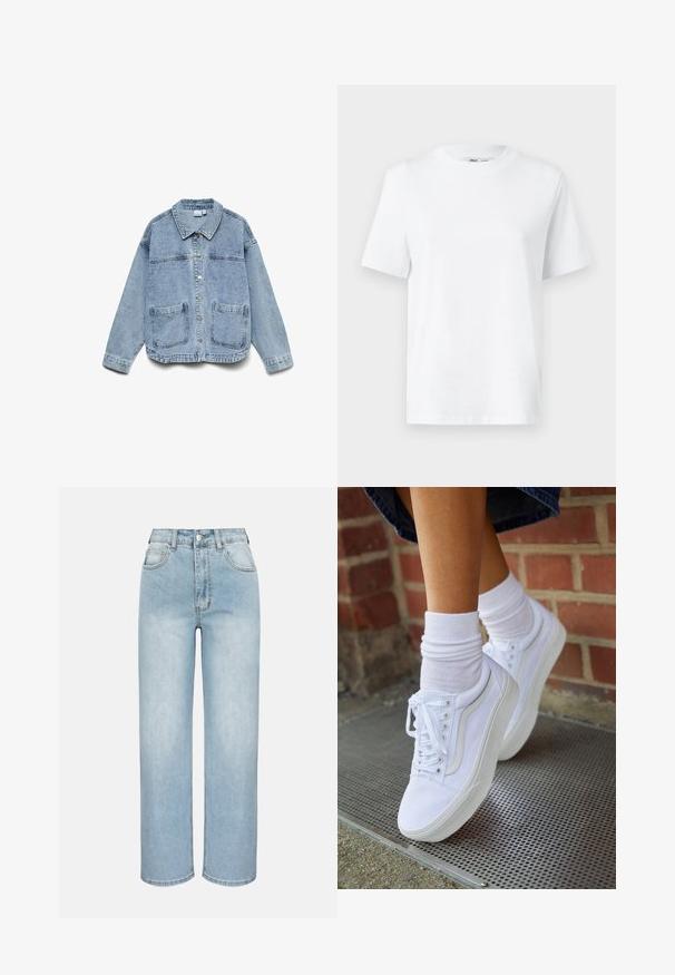 Lyseblå denimjakke med lange ærmer, knaplukning foran, krave og to forlommer.; Hvid bomulds T-shirt med rund hals, kortærmet og en glat tekstur. Designet med en afslappet pasform for komfort og alsidighed.; Lyseblå jeans med høj talje og lige ben, foran med knapper, lynlås, bæltestropper og fem-lomme-design på en ensfarvet baggrund.; Hvide lærreds sneakers med gummisåler, der har seks snørehuller, rund tå og let sømdetaljer, krydret med hvide ankelstrømper.