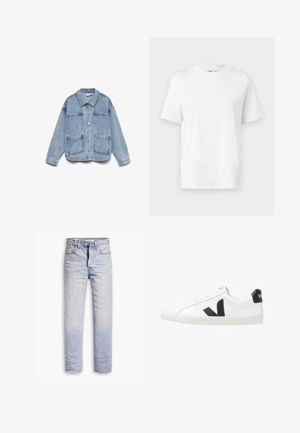 Hellblaue Jeansjacke mit langen Ärmeln, Knopfleiste, Kragen und zwei aufgesetzten Fronttaschen.; Weißes Baumwoll-T-Shirt mit Rundhalsausschnitt, kurzärmlig und mit glatter Textur. Entworfen mit einer lockeren Passform für Komfort und Vielseitigkeit.; Helle blaue Denim-Jeans mit geradem Bein, ausgestattet mit einem Knopfverschluss, fünf Taschen und dezenten Ausbleichungen entlang der Beine.; Weißer Sneaker mit einem schwarzen V-Logo, ausgestattet mit einem glatten Lederoberteil, runder Zehenpartie, Schnürverschluss und kontrastierendem schwarzen Fersenbereich.