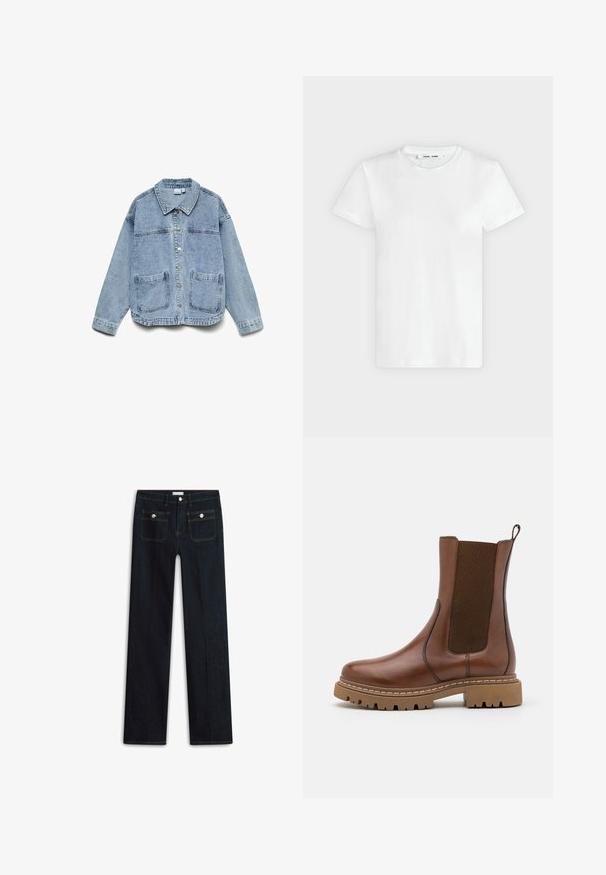 Lyseblå denimjakke med lange ærmer, knaplukning foran, krave og to forlommer.; En simpel hvid T-shirt med korte ærmer og rund hals lagt fladt på en lys grå baggrund, hvor forsiden med label inde i halsen vises.; Mørkeblå denimjeans med lige ben, der har to forlommer og synlige syningsdetaljer. Ingen synlige slidmærker.; Brune læder ankelstøvle med elastiske paneler og en trækflap. Har en kraftig gummisål og synlige stikninger langs kanterne.