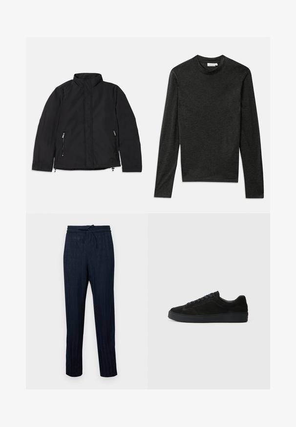 Must mustav jope kõrge kaelusega, millel on kaks külje luku taskut ja sirge lõige. Sile kangas mati viimistlusega.; Tumehall pika varrukaga ümar kaelusega särk slim fit stiilis J. Lindebergi sildiga kaeluse ääres, asetatud tasasele valgele taustale.; Tumestri triibulised püksid kergest kangast, millel on elastne vöökoht ja nöör. Otse jalgade disain, millel on õrn tekstuur.; Must have musta tennisjalats madala, tekstuuriga talla, ümara varbaga, kuue silmaga paelte jaoks ja minimalistlik disain.