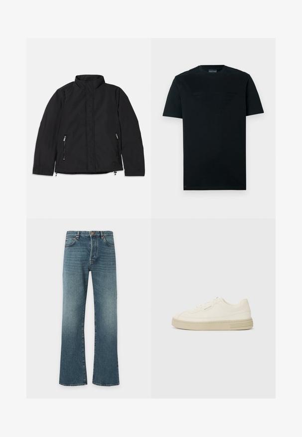 Veste noire à col montant, dotée de deux poches latérales zippées et d'une coupe droite. Tissu lisse avec une finition mate.; T-shirt noir en coton; présente un logo mat au centre. Col rond classique, manches courtes et ourlet droit.; Jean en denim bleu avec un léger évasement en bas, design classique à cinq poches, fermeture par bouton et fermeture éclair, et légère décoloration sur les cuisses.; Baskets en toile blanches avec une semelle en caoutchouc texturée, présentant un capuchon de chaussure cousu et un accent de logo sur le talon. Design simple à lacets.
