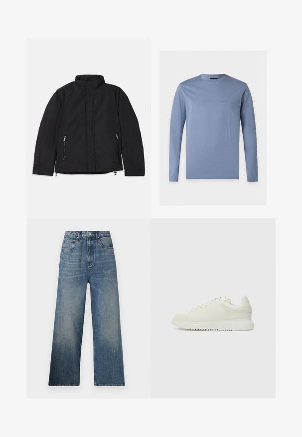 Veste noire à col montant, dotée de deux poches latérales zippées et d'une coupe droite. Tissu lisse avec une finition mate.; Chemise bleu clair à manches longues avec col rond et logo Emporio Armani en relief centré sur la poitrine, fond blanc.; Jean large en denim bleu à taille haute, avec une légère décoloration, cinq poches et une fermeture à bouton en métal à l'avant.; Baskets blanches en cuir avec un dessus texturé, bout rond, semelle plate blanche et lacets ton sur ton. Marque discrète sur la languette.
