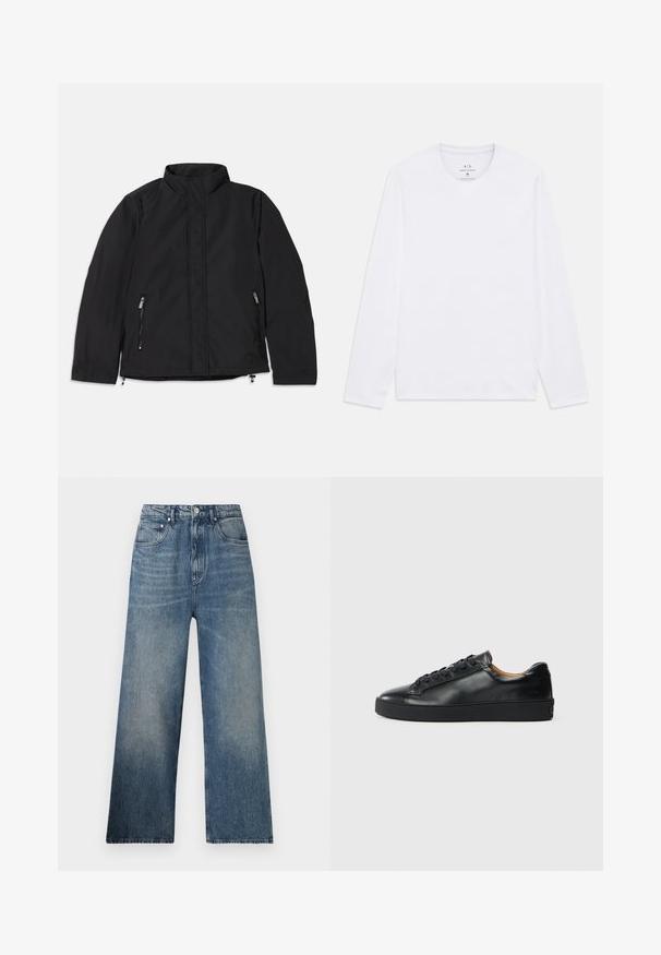 Must mustav jope kõrge kaelusega, millel on kaks külje luku taskut ja sirge lõige. Sile kangas mati viimistlusega.; Valge pika varrukaga ümmarguse kaelusega särk, millel on Armani Exchange logo trükitud kaela sisse, suurus medium.; Sinine denimi lai jalaga püksid kõrge vöökohaga, millel on õrn pleekimine, viis taskut ja ees metallne nööp sulgemiseks.; Musthave nahkast kingad sujuva tekstuuriga, ümara toe jastringsidega sulgemisega. Omab paksu kummist tallat ja minimaalset brändi detaili.