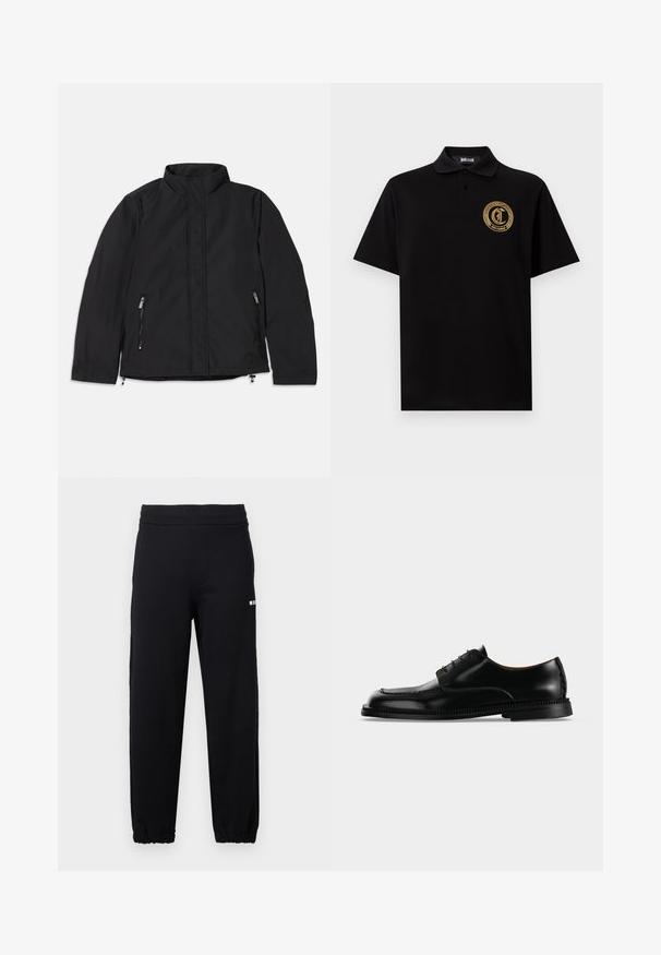 Chaqueta negra con cuello alto, que presenta dos bolsillos laterales con cremallera y un corte recto. Tejido suave con un acabado mate.; Polo negro de manga corta con cuello y tapeta de dos botones, con un logotipo circular dorado de Just Cavalli en el pecho.; Pantalones deportivos negros con cintura y puños elásticos, con un pequeño logo blanco en la parte superior del muslo izquierdo.; Zapato de vestir negro brillante de cuero con cordones y suela gruesa detallada, mostrado desde el lado derecho sobre un fondo claro y liso.