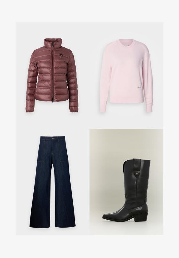 Puffet, mauve farvet jakke med høj krave, lynlås lukning og vandrette quiltesektioner. Har et lille logo på venstre bryst.; Lyserød sweater lavet af blødt strikstof. Har en rund hals og lange ærmer, med et lille grønt logo nederst til venstre.; Mørkeblå vidde jeans lavet af denim, med to forlommer, synlige sømme og en knaplukning i taljen.; Høj sort læder cowboystøvle med spids tå, kraftig hæl og trækstrop med lille gyldent logo.