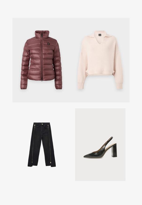 Veste mauve gonflée avec un col haut, fermeture éclair et sections matelassées horizontales. Présente un petit logo sur la poitrine gauche.; Pull rose clair en tricot avec col en V et col, épaules tombantes, ourlet et poignets côtelés. Fabriqué à partir d'un matériau doux et texturé.; Jeans en denim noir avec une coupe droite, dotés de fermetures éclair dorées sur les côtés et de poches standards à la taille.; Chaussure slingback femme en cuir noir avec bout pointu et talon bloc épais et haut sur fond blanc.