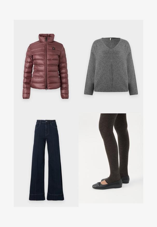 Veste mauve gonflée avec un col haut, fermeture éclair et sections matelassées horizontales. Présente un petit logo sur la poitrine gauche.; Pull gris en V à manches longues, fabriqué dans un matériau doux. Présente des détails côtelés aux poignets et à l'ourlet, avec une coupe ample et décontractée.; Jean large bleu foncé à taille haute, avec des poches avant et des coutures visibles. Fabriqué en denim avec une texture lisse.; Jambes portant des leggings côtelés foncés associés à des ballerines noires avec de petits détails en nœud sur fond blanc.