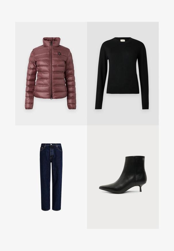 Dikke, mauve jas met een hoge kraag, ritssluiting en horizontale gestikte secties. Bevat een klein logo-opdruk op de linkerkant van de borst.; Zwarte gebreide trui met ronde hals, lange mouwen en een slanke pasvorm, met een gladde textuur en minimale details.; Donkerblauwe denim jeans met een straight-leg ontwerp, voorzien van een hoge taille, vijf zakken en contrasterende stiksels. Geen versieringen.; Zwart leren enkellaars met puntige neus en lage kittenhak op lichte achtergrond, zijaanzicht buitenkant.