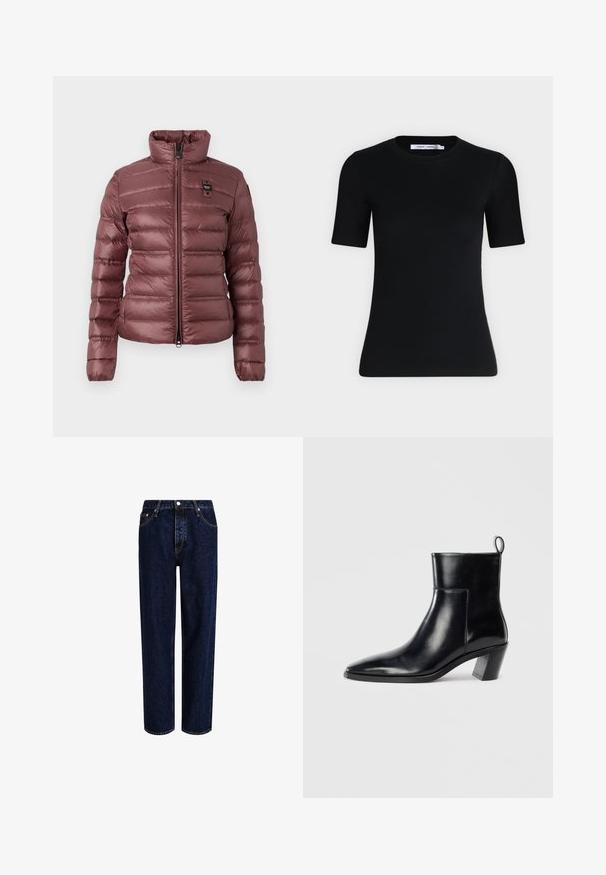 Veste mauve gonflée avec un col haut, fermeture éclair et sections matelassées horizontales. Présente un petit logo sur la poitrine gauche.; T-shirt noir ajusté à manches courtes avec un col rond et une étiquette à l'intérieur du col sur un fond clair uni.; Jeans en denim bleu foncé avec une coupe droite, dotés d'une taille haute, d'un style à cinq poches et de coutures contrastantes. Sans embellissements.; Bottine en cuir noir avec un bout pointu, un talon empilé géométrique et une languette à l'arrière. Texture lisse et design épuré.