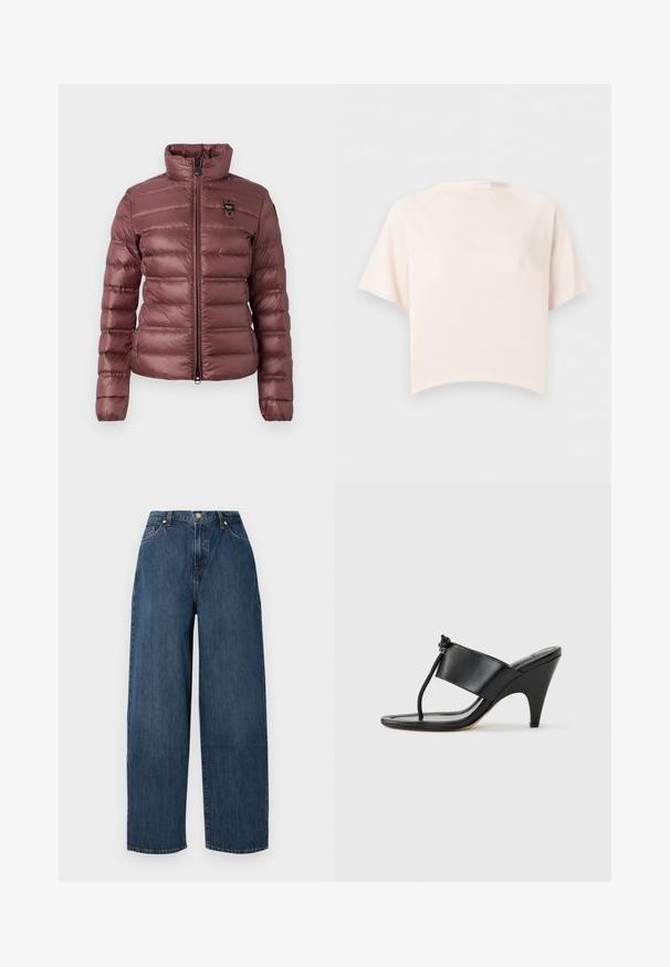 Veste mauve gonflée avec un col haut, fermeture éclair et sections matelassées horizontales. Présente un petit logo sur la poitrine gauche.; Haut court à manches courtes, couleur crème, en maille côtelée, avec un col rond sur fond blanc uni.; Jeans en denim à jambe large dans un bleu foncé. Fabriqués en coton robuste avec une texture lisse. Présentent une fermeture à bouton et un design classique à cinq poches.; Sandale noire à talon haut avec une large bride avant et une boucle d'orteil dotée d'un détail de corde nouée, vue de profil sur fond blanc.