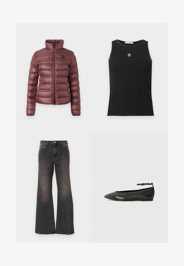 Puffige, mauvefarbene Jacke mit hohem Kragen, Reißverschluss und horizontalen Steppabschnitten. Mit einem kleinen Logopatch auf der linken Brust.; Schwarzes ärmelloses, geripptes Tanktop mit rundem Ausschnitt und kleinem weißem, gesticktem Logo in der Mitte der Brust.; Schwarze, verwaschene Jeans mit weitem Bein, vorderen Taschen und Kupferknopfverschluss, flach auf weißem Hintergrund liegend dargestellt.; Schwarze Leder-Ballettschuhe mit spitzem Vorderteil, minimalistisches Design, dünner Knöchelriemen und goldfarbener Schnallenakzent. Glatte Textur und flaches Profil.