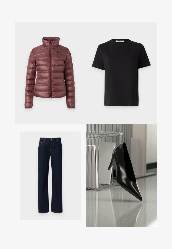 Veste mauve gonflée avec un col haut, fermeture éclair et sections matelassées horizontales. Présente un petit logo sur la poitrine gauche.; T-shirt noir à manches courtes en coton doux, avec un col rond, une coupe décontractée et une texture lisse. Pas de motifs ni de graphiques visibles.; Jean denim bleu foncé coupe droite avec cinq poches, fermeture par boutons et coutures marron visibles sur un fond uni.; Chaussure noire à talon haut avec bout pointu et logo doré, posée sur une surface réfléchissante près d'un organiseur de dossiers en fil chromé contenant des documents.