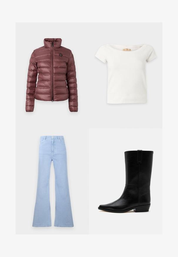 Pehmeä, mauve-väri takki, jossa on korkea kaulus, vetoketjusuljenta ja vaakasuorat tikkausosat. Vasemmassa rinnassa on pieni logo-patch.; Valkoinen lyhythihainen crop-toppi, jossa on leveä pääntie ja näkyvä Hollister-merkkilappu kauluksen sisällä, aseteltu tasaisesti yksiväriselle taustalle.; Vaaleansiniset korkeavyötäröiset liehuhousut, joissa on vyölenkit, etunapituki ja etutaskut valkoisella taustalla.; Musta, nahkainen cowboy-saapas puoliväli säärtä, jossa on terävä kärki, matala pinottu korko ja vetokieleke päällä, yksiväristä taustaa vasten.