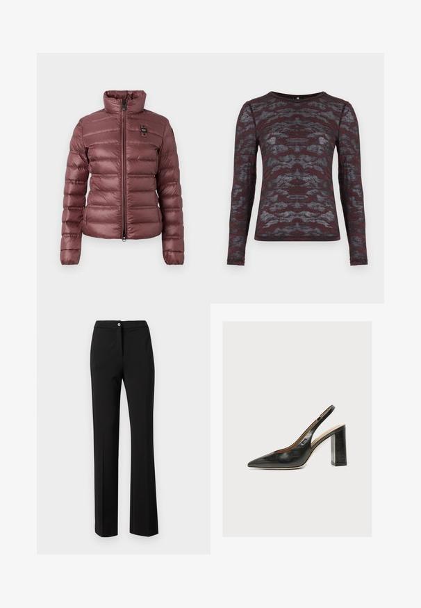 Veste mauve gonflée avec un col haut, fermeture éclair et sections matelassées horizontales. Présente un petit logo sur la poitrine gauche.; T-shirt à manches longues en bordeaux avec un motif abstrait gris ; tissu léger et légèrement texturé ; encolure ras du cou, coupe ajustée.; Pantalons noirs en tissu lisse, avec une coupe droite, une fermeture dissimulée et un détail de bouton unique à la taille.; Escarpin slingback en cuir noir pour femme avec bout pointu et talon bloc épais et haut sur fond blanc.