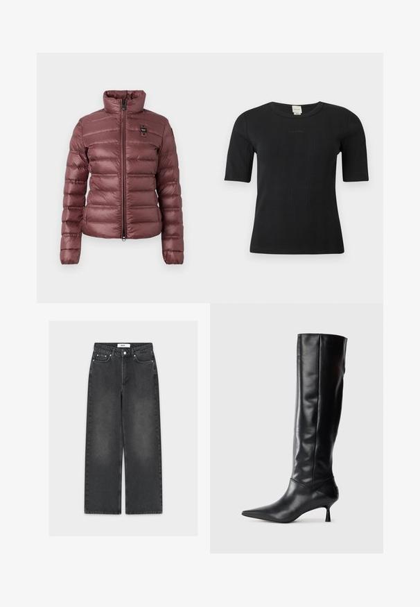 Dikke, mauve jas met een hoge kraag, ritssluiting en horizontale gestikte secties. Bevat een klein logo-opdruk op de linkerkant van de borst.; Zwart geribd Calvin Klein topje met korte mouwen, een ronde halslijn en een subtiel geborduurd logo op de borst, op een effen achtergrond.; Zwarte wijde broekspijpen spijkerbroek met een vervaagde afwerking, voorzien van een knoop- en ritssluiting, een ontwerp met vijf zakken en contrasterend stiksel.; Zwarte leren kniehoge laars met een spitse neus en slanke gebogen hak. Gladde textuur, aansluitend ontwerp en geen zichtbare hardware of patronen.