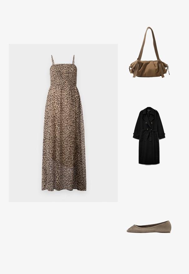 Sort lang trenchcoat med dobbeltradede knapper, brede slag, bælte i taljen, knappede skulderklapper og knappede ærmekanter.; Maxi kjole i leopardprint med smocket bodice, tynde stropper og gennemsigtig stof. Har et flydende, let design.; Ballerinasko i taupe ruskind med spids tå, lille sløjfedetalje og tynd, flad sål.; Brun skuldertaske i stof med rynkede sider og lange justerbare remme, der hænger mod en hvid baggrund.