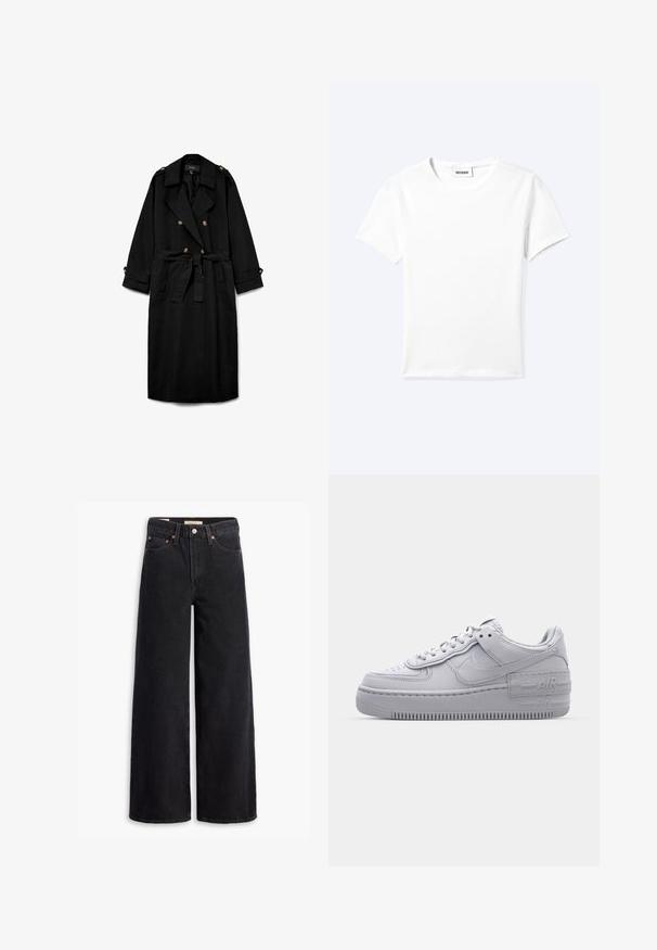 Abrigo largo negro tipo gabardina con botones de doble fila, solapas anchas, cintura ceñida con cinturón, charreteras con botones en los hombros y puños abotonados.; Camiseta blanca lisa de manga corta con cuello redondo y una pequeña etiqueta "WEEKDAY" dentro del cuello, mostrada extendida sobre un fondo claro.; Jeans de pierna ancha negros hechos de denim, con cinco bolsillos, remaches de cobre y un cierre clásico de botón. Textura suave con un diseño limpio.; Zapatilla Nike Air Force 1 gris con puntera perforada, parte superior de cuero suave, suela gruesa y detalle en relieve 'AIR' en el talón.
