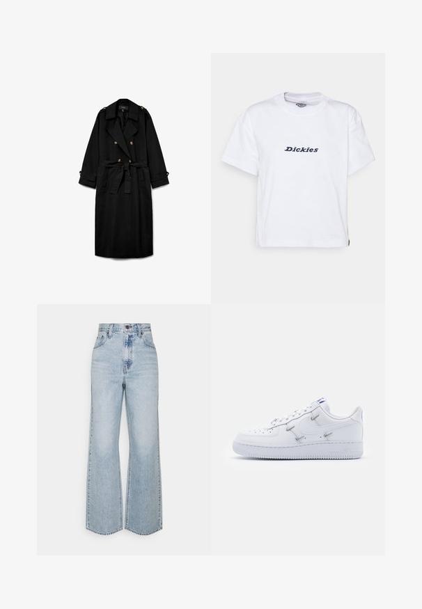 Abrigo largo negro tipo gabardina con botones de doble fila, solapas anchas, cintura ceñida con cinturón, charreteras con botones en los hombros y puños abotonados.; Dickies LORETTO TEE - Camiseta estampada - white; Jeans anchos de mezclilla de un azul claro con una cintura alta, diseño clásico de cinco bolsillos y costuras en contraste. Detalle de dobladillo sin terminar en la parte inferior.; Nike Sportswear AIR FORCE 1 - Zapatillas - white/hyper royal/black