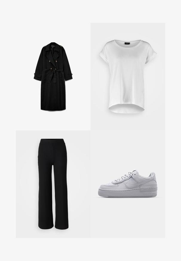 Zwarte lange trenchcoat met dubbele rij knopen, brede revers, taille met ceintuur, geknoopte schouderepauletten en geknoopte mouwboorden.; Witte T-shirt met korte mouwen en ronde halslijn, iets langere achterkant, zachte katoen stof en opgerolde mouwen. Geen zichtbare prints.; Zwarte geribbelde gebreide broek met een wijduitlopende pijp en een elastische tailleband, met een gladde structuur en een minimalistische stijl.; Grijze Nike Air Force 1 sneaker met geperforeerde neus, glad leren bovenwerk, dikke zool en verhoogde 'AIR' details op de hiel.