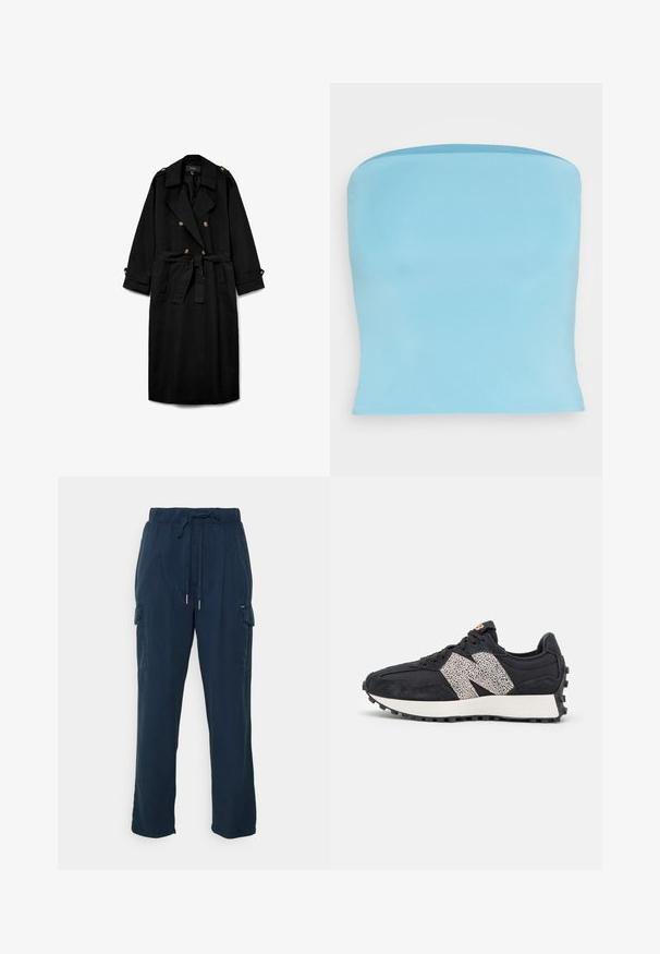 Abrigo largo negro tipo gabardina con botones de doble fila, solapas anchas, cintura ceñida con cinturón, charreteras con botones en los hombros y puños abotonados.; Cotton On SCULPTED TUBE - Top - kinetic blue; Pepe Jeans JYNX - Vaqueros boyfriend - ocean; Zapatilla deportiva negra con parte superior de ante y malla negra texturizada, que presenta un logotipo destacado con un acento manchado y una entresuela blanca.