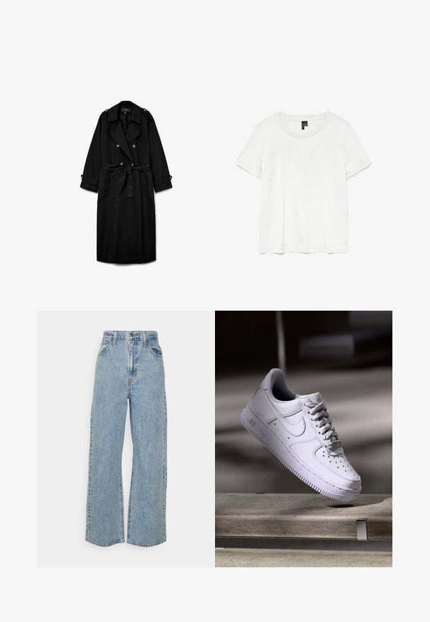 Zwarte lange trenchcoat met dubbele rij knopen, brede revers, taille met ceintuur, geknoopte schouderepauletten en geknoopte mouwboorden.; Witte t-shirt met korte mouwen en een ronde hals, gemaakt van lichte stof. Eenvoudig ontwerp, gladde textuur en rechte zoom.; Lichtblauwe wijde denim jeans met hoge taille, sluiting met voorknop en rits, en vijfzakkenontwerp op een effen achtergrond.; Witte Nike Air Force 1 sneaker die zweeft boven een betonnen oppervlak met schaduwen in een minimalistische setting.