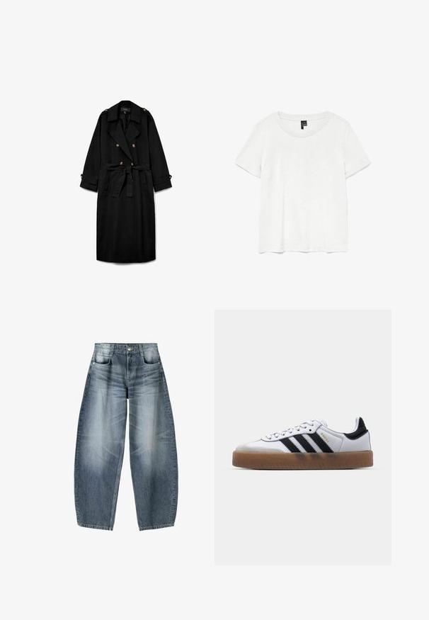 Sort lang trenchcoat med dobbeltradede knapper, brede slag, bælte i taljen, knappede skulderklapper og knappede ærmekanter.; Hvid kortærmet t-shirt med rund halsudskæring, lavet af letvægtsstof. Enkel design, glat tekstur og lige kant.; Bredde jeans lavet af lyseblå denim med falmning, der har et fem-lomme design, knaplukning og minimale syninger.; Hvide lædersneakers med sorte striber, gummirubber sål, rund tå, snørelukning og blød grå ruskinds tåhætte.