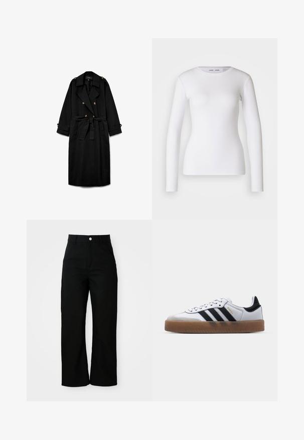 Abrigo largo negro tipo gabardina con botones de doble fila, solapas anchas, cintura ceñida con cinturón, charreteras con botones en los hombros y puños abotonados.; Camisa blanca de manga larga hecha de tela acanalada, con un cuello redondo y una forma ajustada. No presenta patrones ni detalles.; Pantalones negros de tiro alto y pierna recta con bolsillos frontales, trabillas para cinturón y un cierre de botón plateado sobre un fondo blanco.; Zapatillas de cuero blancas con rayas negras, suela de goma, puntera redonda, cierre de cordones y caperuza de ante gris suave.