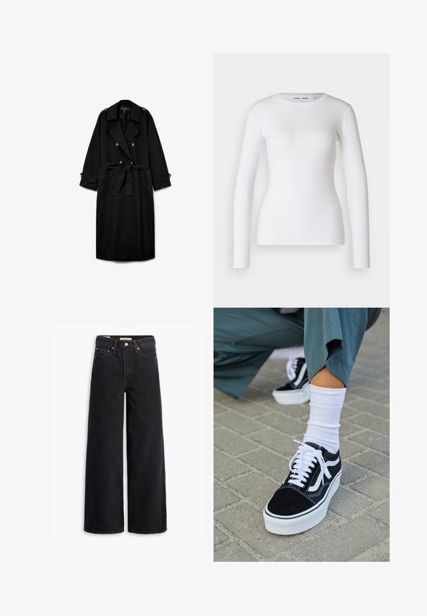 Zwarte lange trenchcoat met dubbele rij knopen, brede revers, taille met ceintuur, geknoopte schouderepauletten en geknoopte mouwboorden.; Witte longsleeve shirt van ribstof, met een ronde halslijn en een getailleerde vorm. Er zijn geen patronen of accenten aanwezig.; Zwarte brede jeans gemaakt van denim, met vijf zakken, koperen klinknagels en een klassieke knoopsluiting. Glad van textuur met een strakke uitstraling.; Zwarte suède sneaker met witte accenten en veters, uitgerust met een dikke witte zool en contrasterende stiksels, gecombineerd met een witte sok.