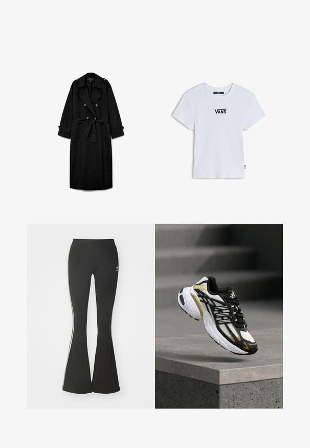 Sort lang trenchcoat med dobbeltradede knapper, brede slag, bælte i taljen, knappede skulderklapper og knappede ærmekanter.; Hvid ribbet t-shirt med korte ærmer, der har et lille sort "VANS" logo på brystet og en lige kant med et vævet mærke på siden.; Sorte flared leggings lavet af strækstof, med en høj talje og hvide sidestreger. Inkluderer lille logo ved taljen.; Hvid, sort og guldfarvet løbesko med snørebånd, midt i luften over en grå betonkant i et bymiljø.