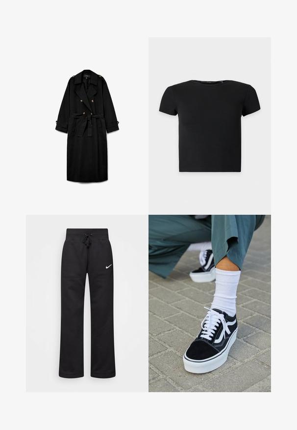 Schwarzer langer Trenchcoat mit doppelreihigen Knöpfen, breiten Revers, tailliertem Gürtel, geknöpften Schulterklappen und geknöpften Ärmeln.; Schwarzes kurzärmeliges, geripptes Croptop mit rundem Ausschnitt, auf einfarbig hellem Hintergrund dargestellt.; Schwarze Sweatpants aus einem Baumwollmix, mit einem Kordelzugbund, geraden Beinen und einem weißen Nike-Logo auf der linken Seite.; Schwarze Wildledersneaker mit weißen Akzenten und Schnürsenkeln, ausgestattet mit einer dicken weißen Sohle und kontrastierenden Nähten, kombiniert mit einer weißen Socke.
