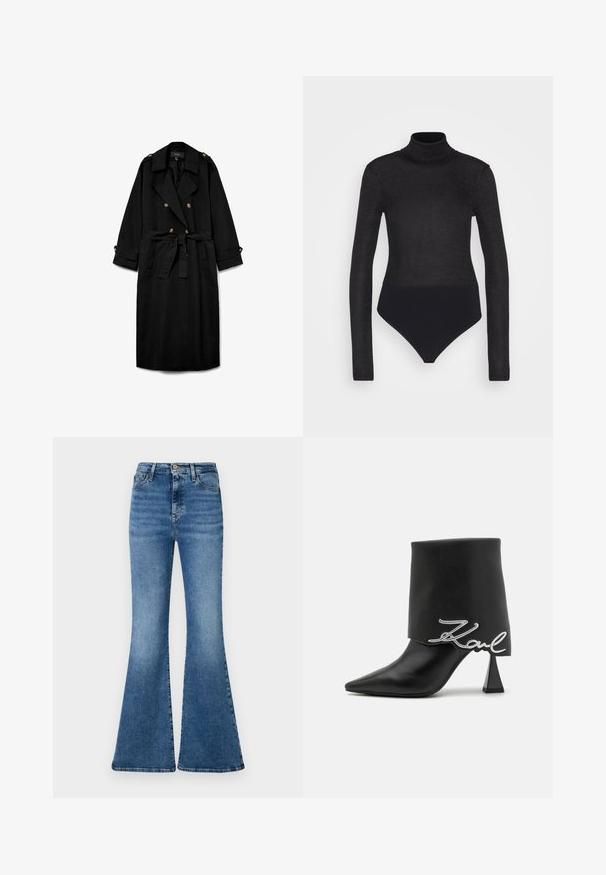 Abrigo largo negro tipo gabardina con botones de doble fila, solapas anchas, cintura ceñida con cinturón, charreteras con botones en los hombros y puños abotonados.; Anna Field Camiseta de manga larga - black; Jeans acampanados de mezclilla en color azul, con una cintura alta, un ligero desgastado y un clásico diseño de cinco bolsillos.; Botín de cuero negro con punta afilada, tacón alto y grueso, y parte superior doblada con un detalle del logo plateado "Zaul".