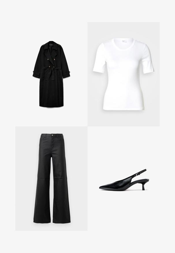 Zwarte lange trenchcoat met dubbele rij knopen, brede revers, taille met ceintuur, geknoopte schouderepauletten en geknoopte mouwboorden.; Wit T-shirt met korte mouwen van glad katoen, met een ronde halslijn en een aangesloten pasvorm. Klassiek ontwerp, zonder patronen of accenten.; Zwarte wijde jeans van soepele denim, met een knoopsluiting, voorzakken en een hoge taille.; Zwarte leren slingback kitten heel met spits toelopende neus en verstelbare gesp op witte achtergrond.