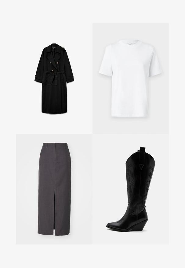 Zwarte lange trenchcoat met dubbele rij knopen, brede revers, taille met ceintuur, geknoopte schouderepauletten en geknoopte mouwboorden.; Witte katoenen T-shirt met ronde hals, korte mouwen en een gladde textuur. Ontworpen met een comfortabele en veelzijdige relaxte pasvorm.; Maxi rok van donkergrijs stof met een rechte snit, een split aan de voorkant en een op maat gemaakte tailleband. Gladde textuur zonder zichtbare patronen of versieringen.; Zwarte leren cowboylaars met puntige neus, schuine blokhak, decoratieve stiksels en aantreklusjes bovenaan tegen een witte achtergrond.