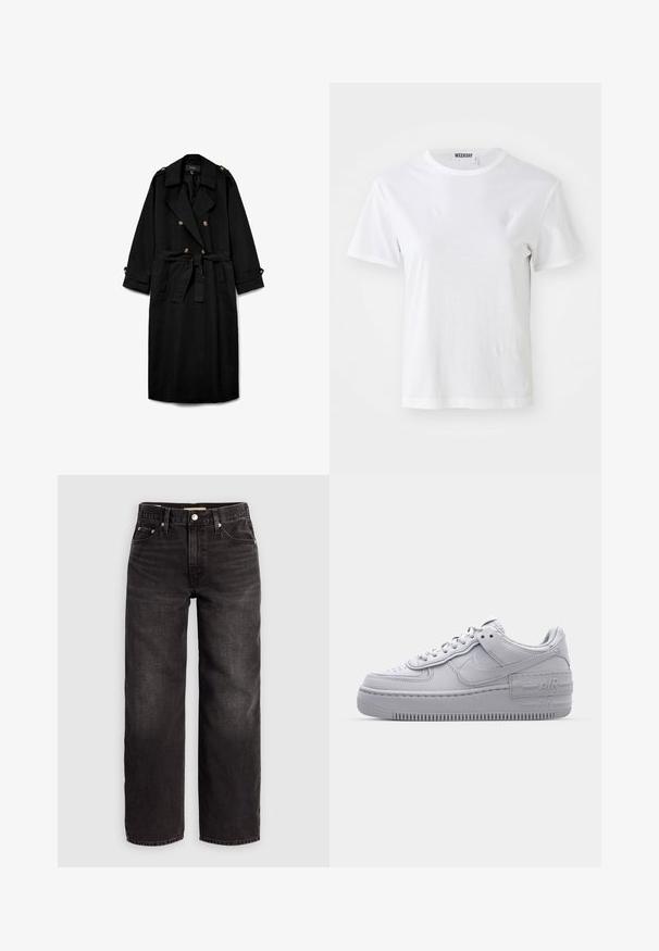 Abrigo largo negro tipo gabardina con botones de doble fila, solapas anchas, cintura ceñida con cinturón, charreteras con botones en los hombros y puños abotonados.; Camiseta blanca de manga corta hecha de una tela suave. Cuenta con un escote redondo y un corte recto, con una etiqueta en el cuello interior.; Levi's® BAGGY DAD - Vaqueros baggy - shrink up; Zapatilla Nike Air Force 1 gris con puntera perforada, parte superior de cuero suave, suela gruesa y detalle en relieve 'AIR' en el talón.