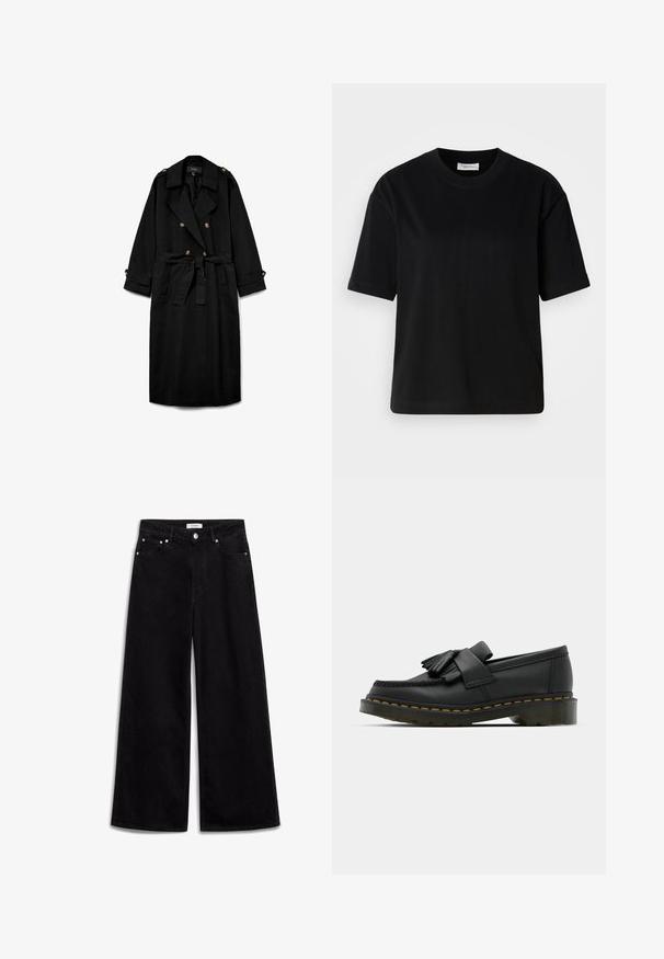 Abrigo largo negro tipo gabardina con botones de doble fila, solapas anchas, cintura ceñida con cinturón, charreteras con botones en los hombros y puños abotonados.; Camiseta de algodón negra de manga corta, con un escote redondo y un corte relajado. Textura suave y diseño minimalista sin patrones ni acentos visibles.; Jeans de tiro alto y pierna ancha en color negro, fabricados en denim, con cinco bolsillos y detalles metálicos en plata. Textura suave, diseño limpio.; Mocasines de cuero negro con punta redonda, que presentan un detalle de flecos y una banda decorativa en la parte frontal, montados sobre un tacón grueso.