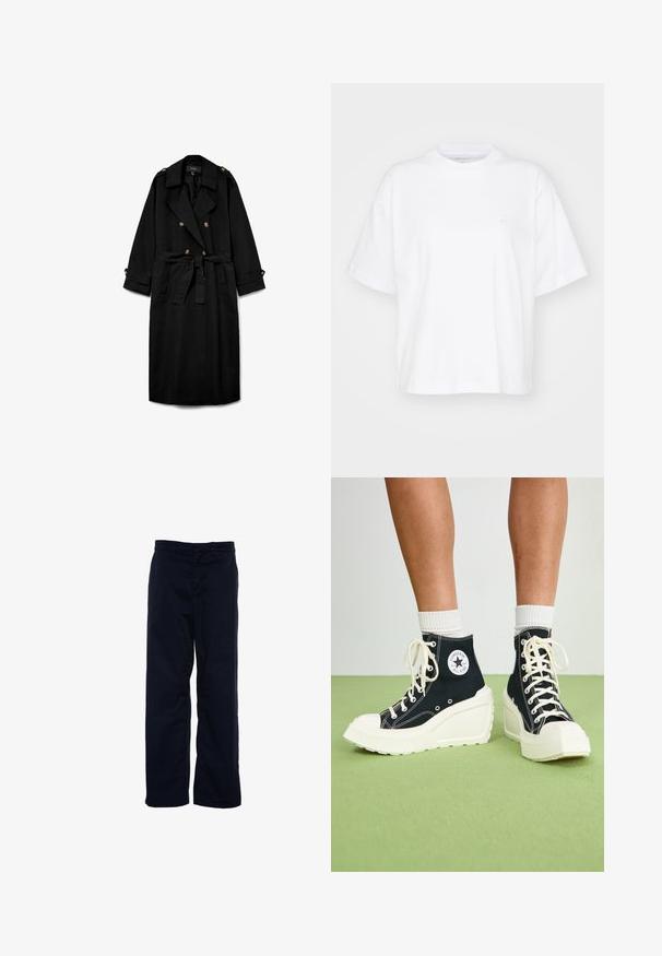 Zwarte lange trenchcoat met dubbele rij knopen, brede revers, taille met ceintuur, geknoopte schouderepauletten en geknoopte mouwboorden.; Witte katoenen t-shirt met een ronde hals, korte mouwen en een ontspannen pasvorm. Heeft een subtiel logo op het linkerborstgedeelte. Zachte textuur.; Navy blauwe katoenbroek met een rechte pijpontwerp, voorzien van een tailleband en riemlussen, zonder zichtbare zakken of patronen.; Zwarte high-top sneakers met een verhoogde witte plateauzool, voorzien van witte veters en een ronde logopatch aan de zijkant. Textured canvasmateriaal.