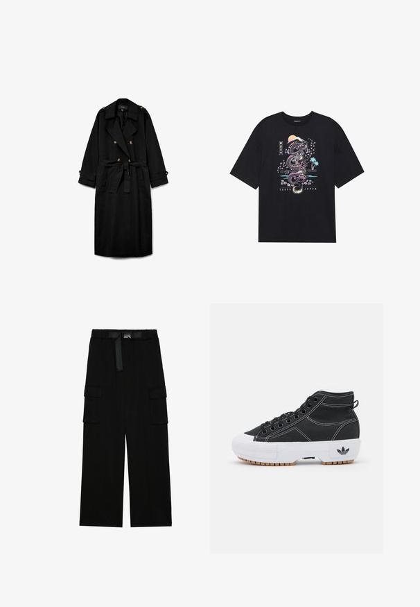 Abrigo largo negro tipo gabardina con botones de doble fila, solapas anchas, cintura ceñida con cinturón, charreteras con botones en los hombros y puños abotonados.; Camiseta negra con un gráfico colorido de un dragón, flores de cerezo, sol y montaña. El texto dice "Tokio Japón" debajo del diseño.; Pantalones cargo negros con un diseño de pierna ancha, cinturilla elástica con un cinturón y dos grandes bolsillos laterales para almacenamiento.; adidas Originals NIZZA TREK - Zapatillas altas - core black/footwear white
