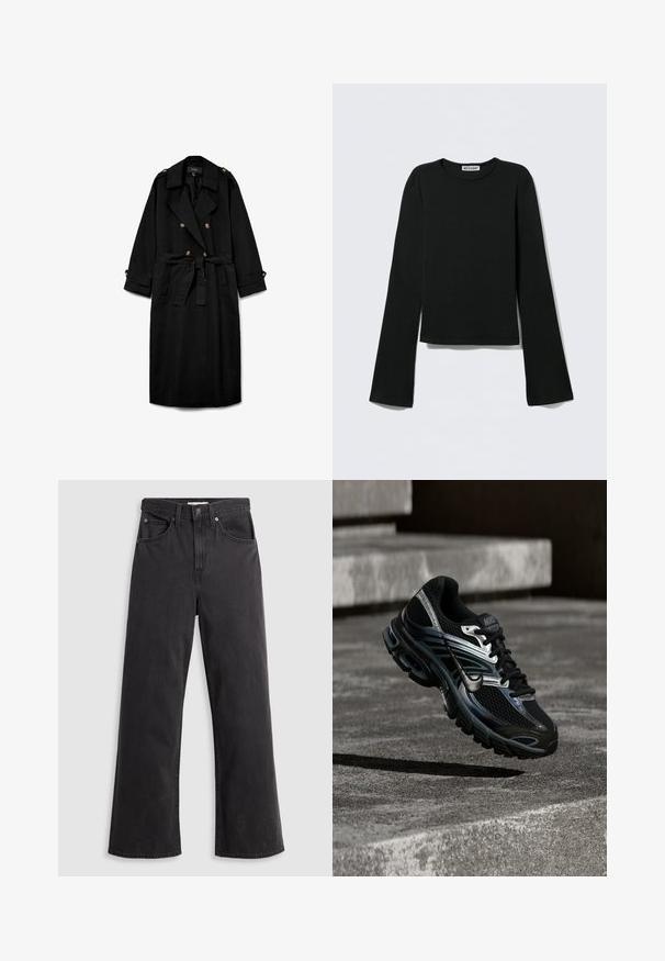 Trench-coat long noir avec boutons croisés, larges revers, taille ceinturée, épaulettes boutonnées et poignets de manches boutonnés.; Haut noir à manches longues en tissu doux. Caractérisé par un col rond et des manches évasées avec un ourlet court. L'étiquette indique "WEEKDAY".; Jeans larges en denim noir à taille haute, avec cinq poches et une fermeture à bouton en métal. Le tissu a une texture lisse et légèrement décolorée.; Chaussure de running Nike noire et argent flottant au-dessus de marches en béton, montrant un design détaillé et une semelle texturée en extérieur.