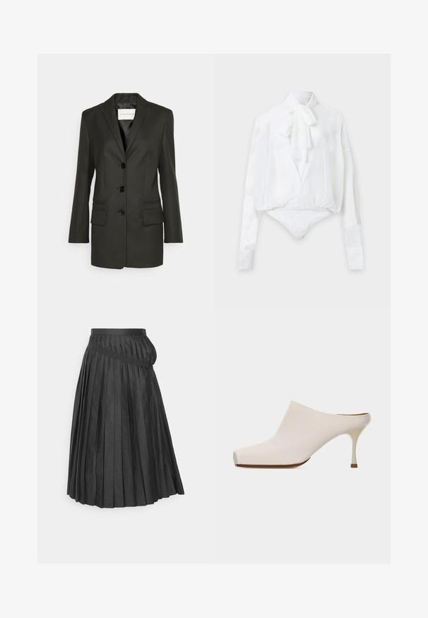 Sort skræddersyet blazer med en enkel række knapper, skarpe revers, to frontlommer og subtile syningsdetaljer på lommerne. Glat tekstur.; Hvid langærmet bodysuit med sløjfe ved halsen, slå-om-front og tætsiddende manchetter, vist mod en ensartet lys baggrund.; MM6 Maison Margiela MIDI - Pliceret nederdel /Nederdele med folder - black; Kremfarvet mule med spids tå og tynd, mellemhøj stilet-hæl, vist fra siden på ensfarvet lyst baggrund.