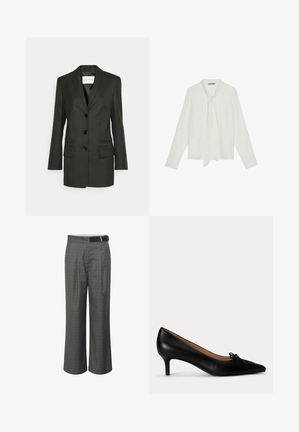 Sort skræddersyet blazer med en enkel række knapper, skarpe revers, to frontlommer og subtile syningsdetaljer på lommerne. Glat tekstur.; Hvid bluse med lange ærmer lavet af glat stof, med en bindebånd ved halsen og skræddersyede manchetter. Enkel, klassisk design uden mønstre.; Gråternet vidde bukser i glat stof, med frontfolder og et sort bælte med en sølvspænde.; Sort læder pumps med spids tå, lav kittenhæl og en lille dekorativ sløjfe på toppen, vist i profil mod en hvid baggrund.