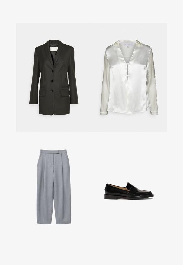 Sort skræddersyet blazer med en enkel række knapper, skarpe revers, to frontlommer og subtile syningsdetaljer på lommerne. Glat tekstur.; STUDIO ID ALYSSA - Bluse - champagne; Grå bukser med skræddersyet design, der har plisseringer, sidelommer og med lige ben. Glat tekstur og midtalje med normal højde.; Sorte læder loafers med glat finish, afrundet tå og en dekorativ rem over fronten. Lav blokhælsdesign.