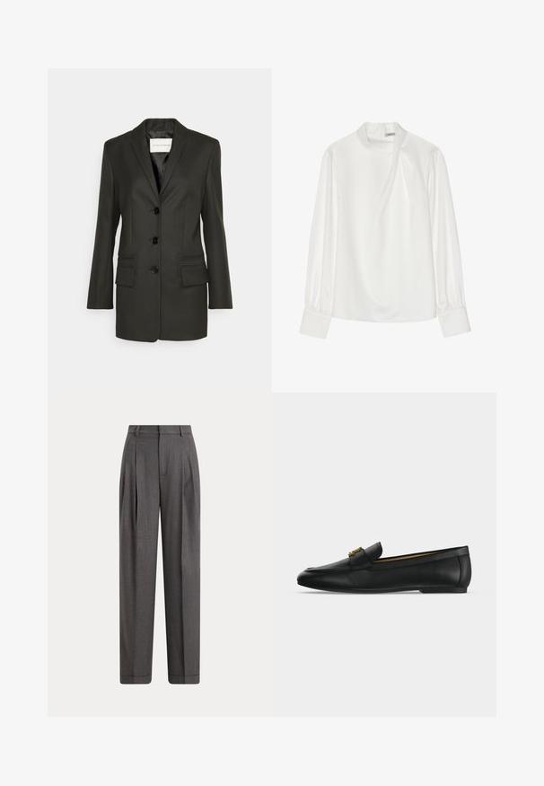 Sort skræddersyet blazer med en enkel række knapper, skarpe revers, to frontlommer og subtile syningsdetaljer på lommerne. Glat tekstur.; Hvid bluse med høj hals, lange puffærmer og lynlås bagpå. Glat stof med en let glans og subtil drapering.; Mørkegrå bukser med højtalje, frontlige folder, bæltestropper, sidelommer og brede, lige ben.; Sort læderloafer med guldfarvet metalspænde på toppen, flad sål og syning langs overkanten.