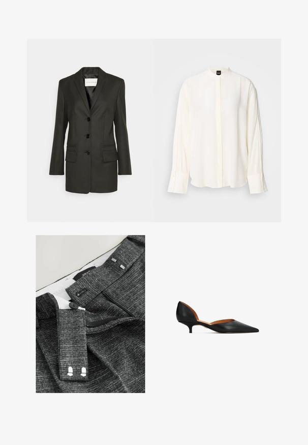 Sort skræddersyet blazer med en enkel række knapper, skarpe revers, to frontlommer og subtile syningsdetaljer på lommerne. Glat tekstur.; Langærmet, cremefarvet bluse lavet af glat stof; mandarin-krave, forflap, knappede ærmekanter og en afslappet pasform.; Grå teksturerede bukser har en knaplukning, lynlås og stofbæltestropper, med en hvid indvendig foring og markante stikninger.; Sorte læder kitten-heel sko med spids tå, åbne sider og en indersål i tanlæder. Hælen har en let bue og er struktureret.