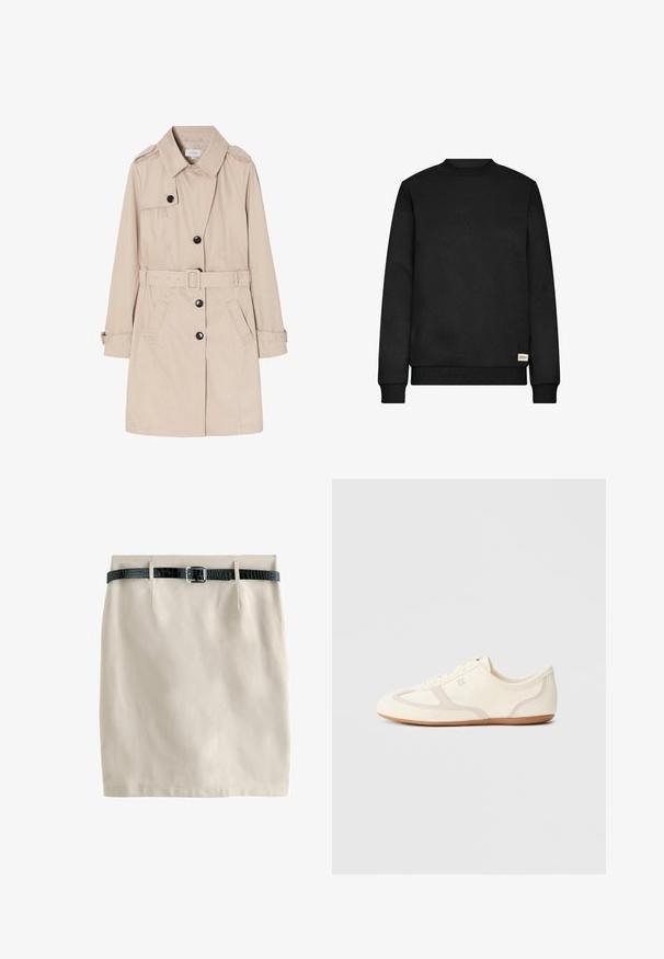 Beige trenchcoat lavet af let stof, med en dobbeltradet front, sorte knapper, aftageligt bælte og sidelommer.; Sort crewneck sweatshirt lavet af blødt stof, med lange ærmer, ribbede manchetter og et lille mærke på nederste venstre side.; Beige mini nederdel med en glat overflade, med et sort faux læder bælte med spænde. Lige skåret bund uden synlige mønstre.; Sneakers i cremefarve med overdel i ruskind og stof, rundet tå og gummisål med beige detaljer. Snørelukning.