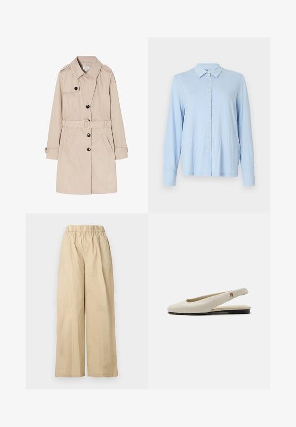 Beige trenchcoat lavet af let stof, med en dobbeltradet front, sorte knapper, aftageligt bælte og sidelommer.; Lys blå langærmet skjorte med krave, frontknapper og struktureret pasform. Lavet af blødt stof med en glat tekstur.; Beige bukser med vidde ben, elastisk talje, fladt forstykke og blød stofstruktur. Har et løstsiddende design for komfort.; Flatsko i cremefarvet læder med rundet tå og lille guldemblem på remmen.